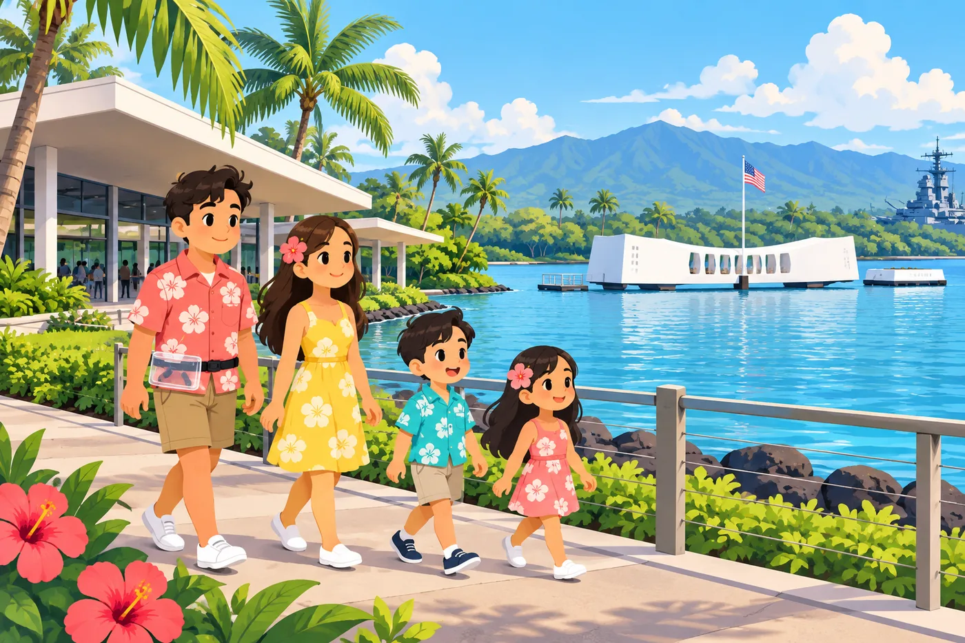 パールハーバーの水辺の遊歩道を歩く旅行者たちのイラスト