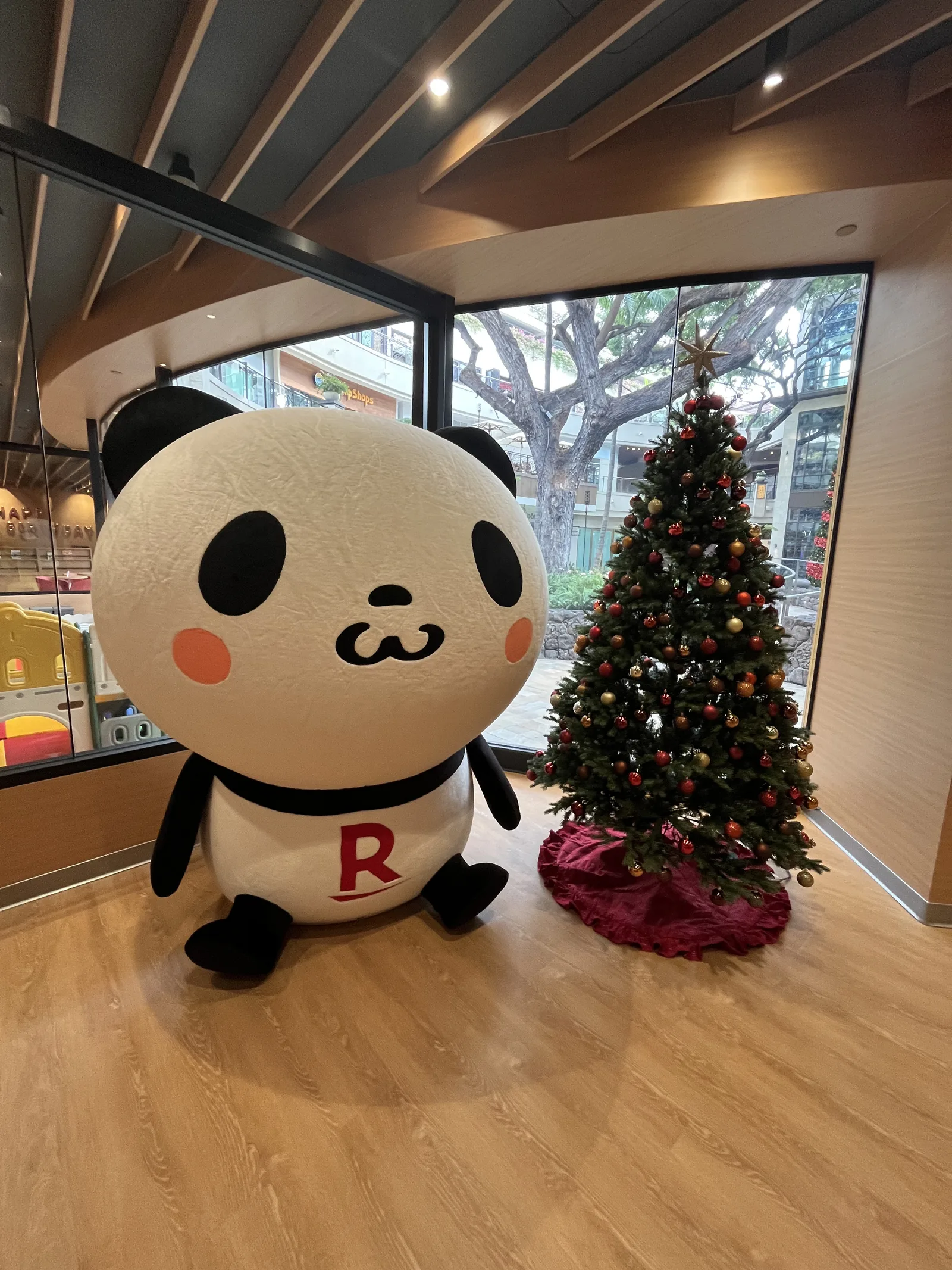 ワイキキラウンジの窓辺に座る大きなパンダのぬいぐるみとクリスマスツリー。窓の外にマーケットプレイスの大木が見える