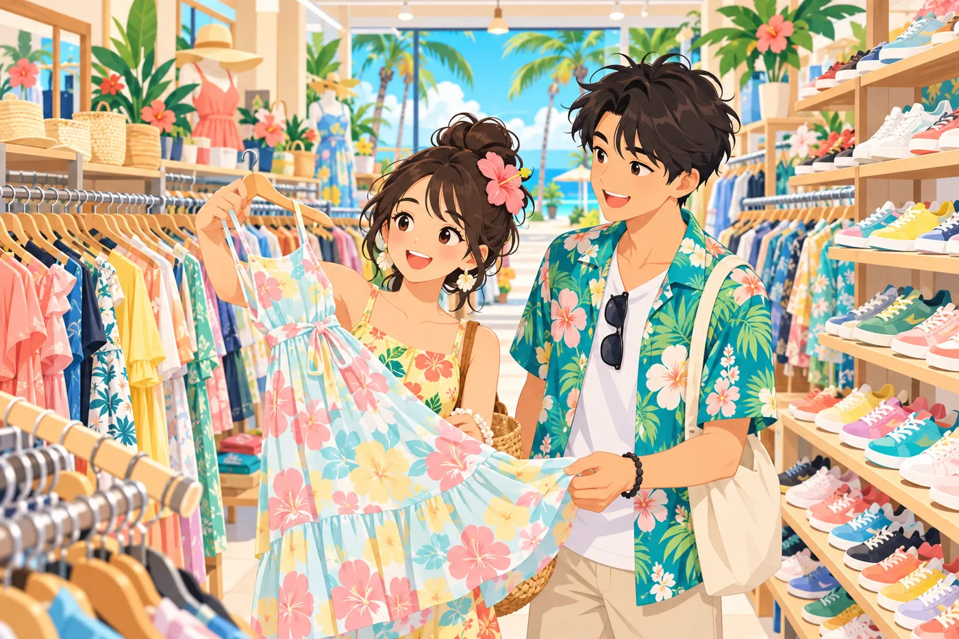 明るい店内で服やスニーカーを選ぶ旅行者のイラスト