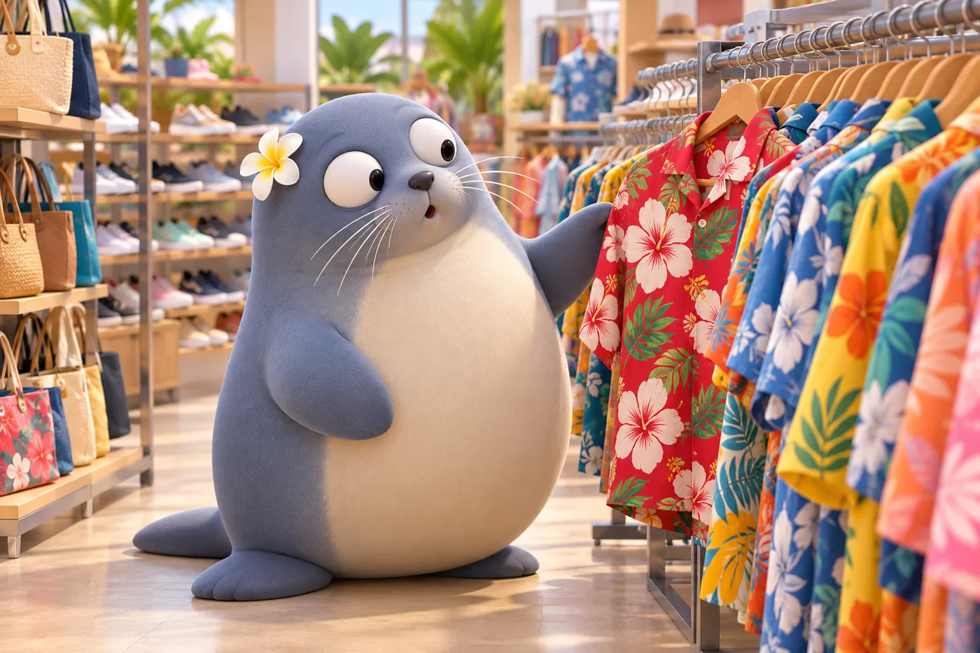 服のラックの前でアロハシャツを品定めするもんちゅ