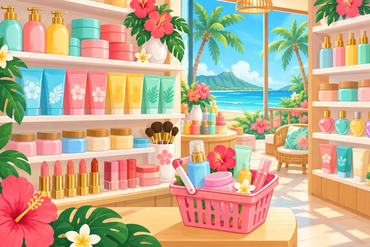 rows of colorful cosmetic jars, tubes and lipsticks on bright shop shelves, a small shopping basket in front filled with mini bottles, palm trees visible through a big window, cute Hawaii pop illustration style, no text or logos