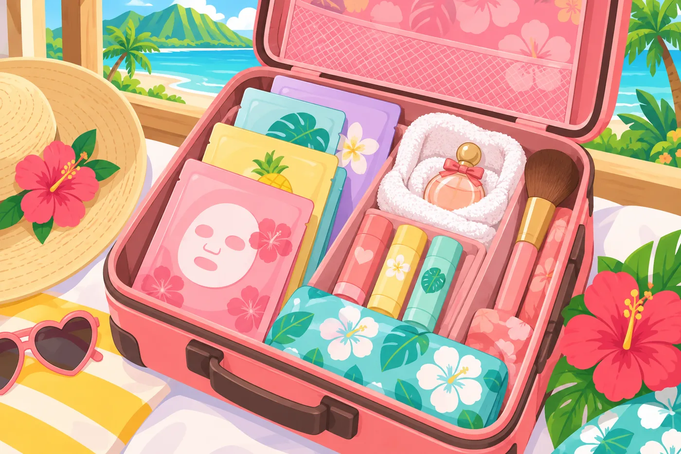 an open suitcase neatly packed with flat sheet mask packets, small lip balm tubes, a makeup brush and a tiny perfume bottle wrapped in a towel, a hibiscus flower on the side, cute Hawaii pop illustration style, no text or logos