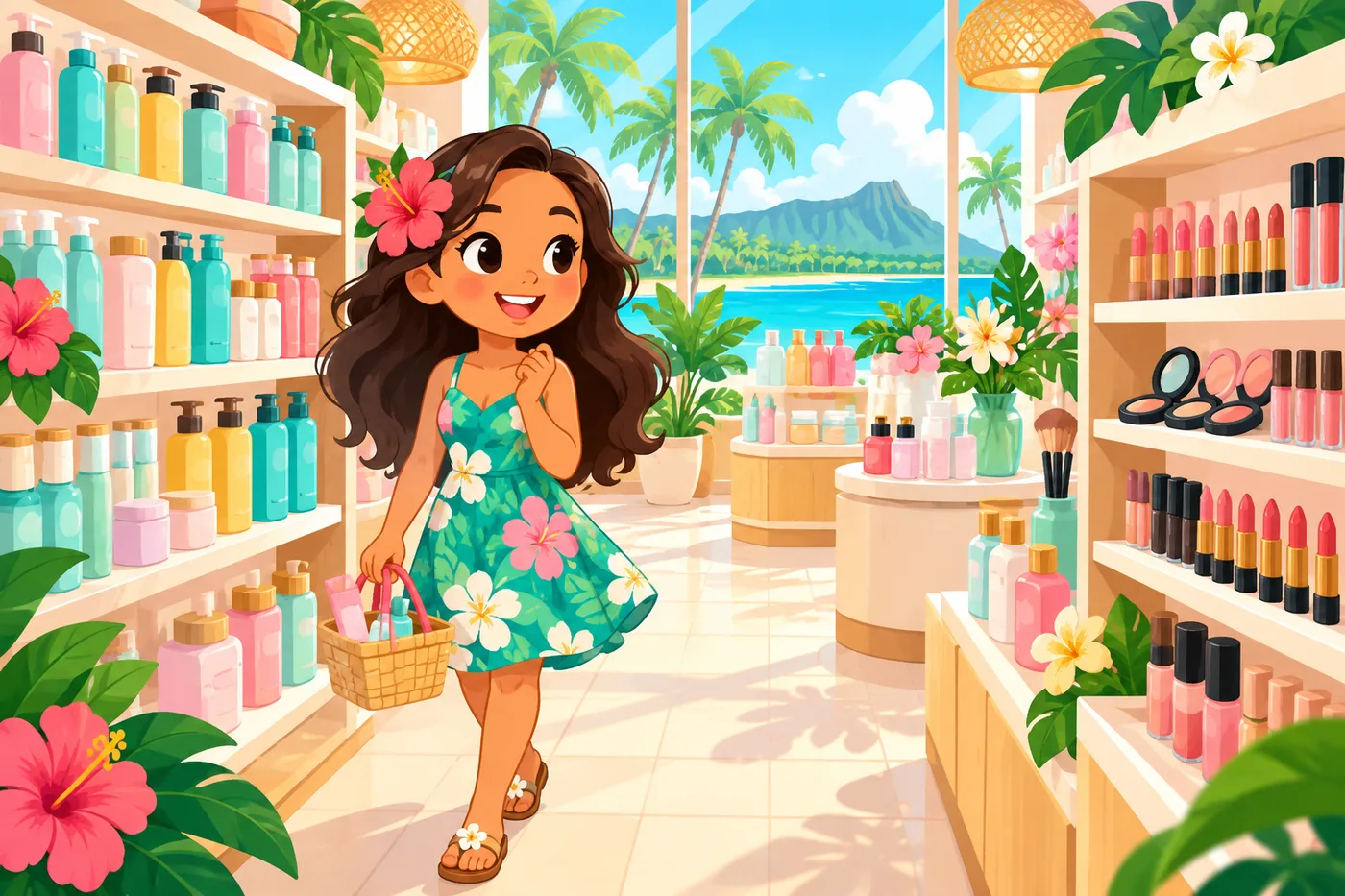 a cheerful shopper with a small basket walking between tall shelves of colorful cosmetic bottles and lipsticks in a bright beauty shop, a big window with palm trees outside, cute Hawaii pop illustration style, no text or logos