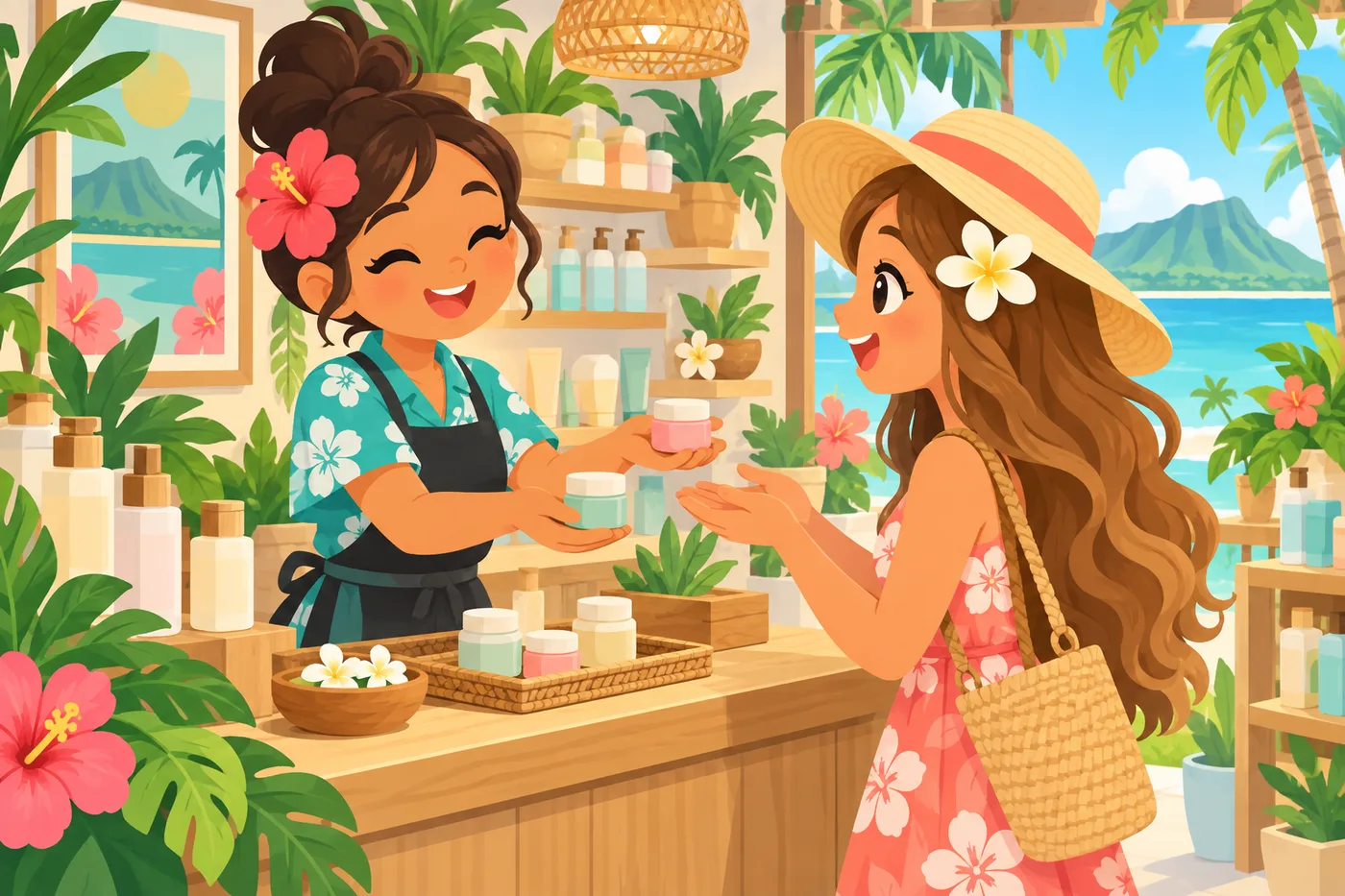 a friendly shop assistant handing small sample jars to a smiling customer across a beauty shop counter, tropical plants and soft daylight, cute Hawaii pop illustration style, no text or logos