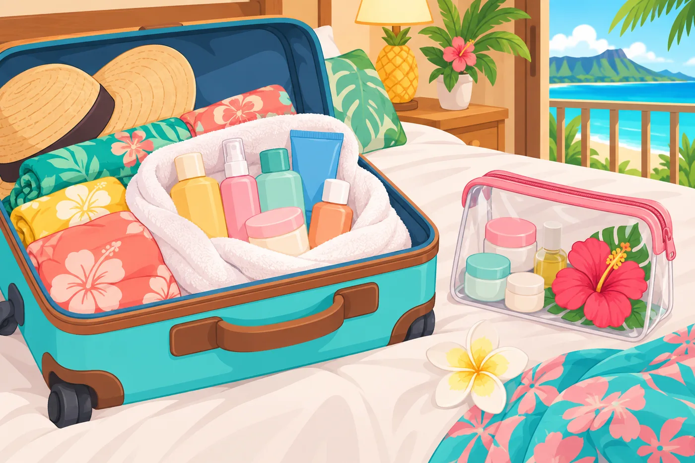 an open suitcase on a bed neatly packed with small cosmetic bottles wrapped in a towel, next to a clear zip bag holding tiny containers and a hibiscus flower, cute Hawaii pop illustration style, no text or logos