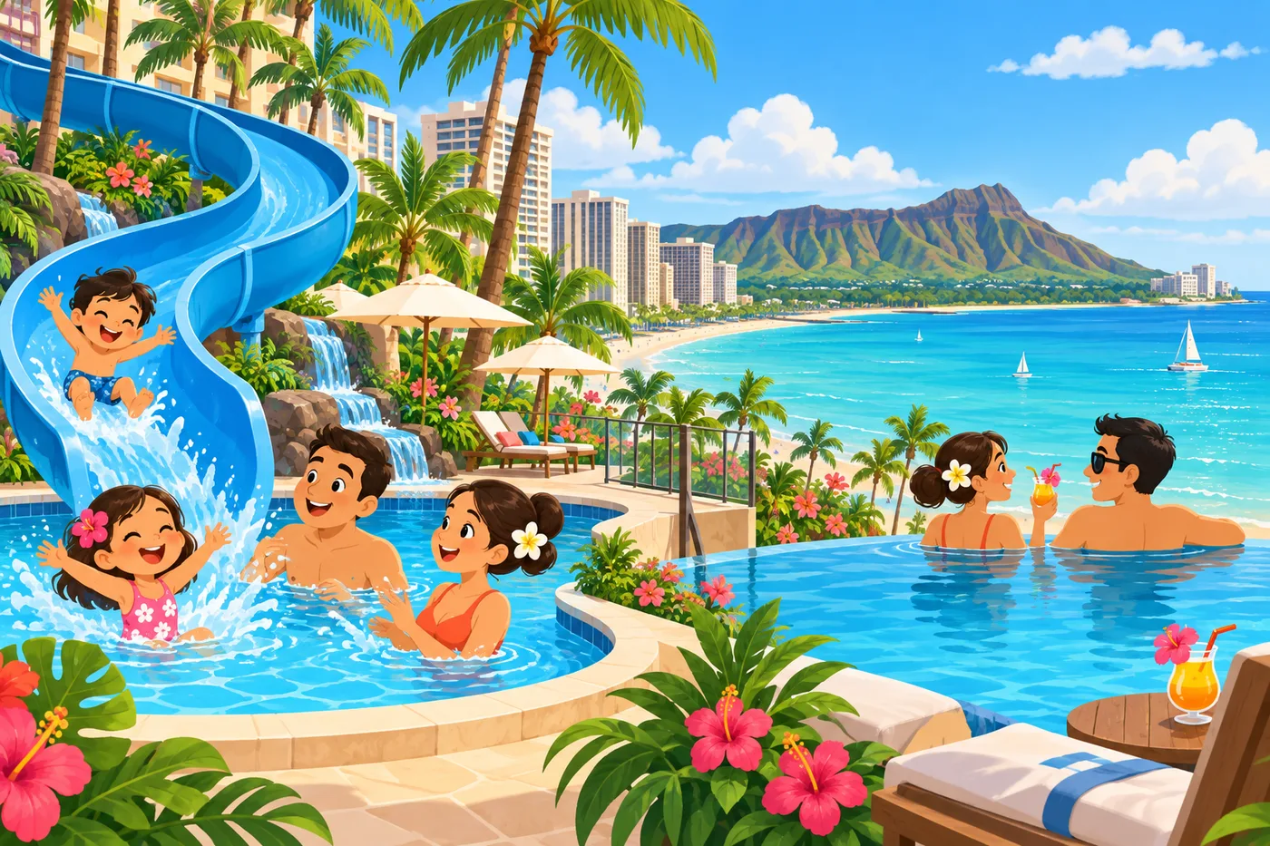 a cheerful family and a couple relaxing at two oceanfront hotel pools in Waikiki, one with a long blue water slide and one infinity pool facing the ocean, Diamond Head in the background