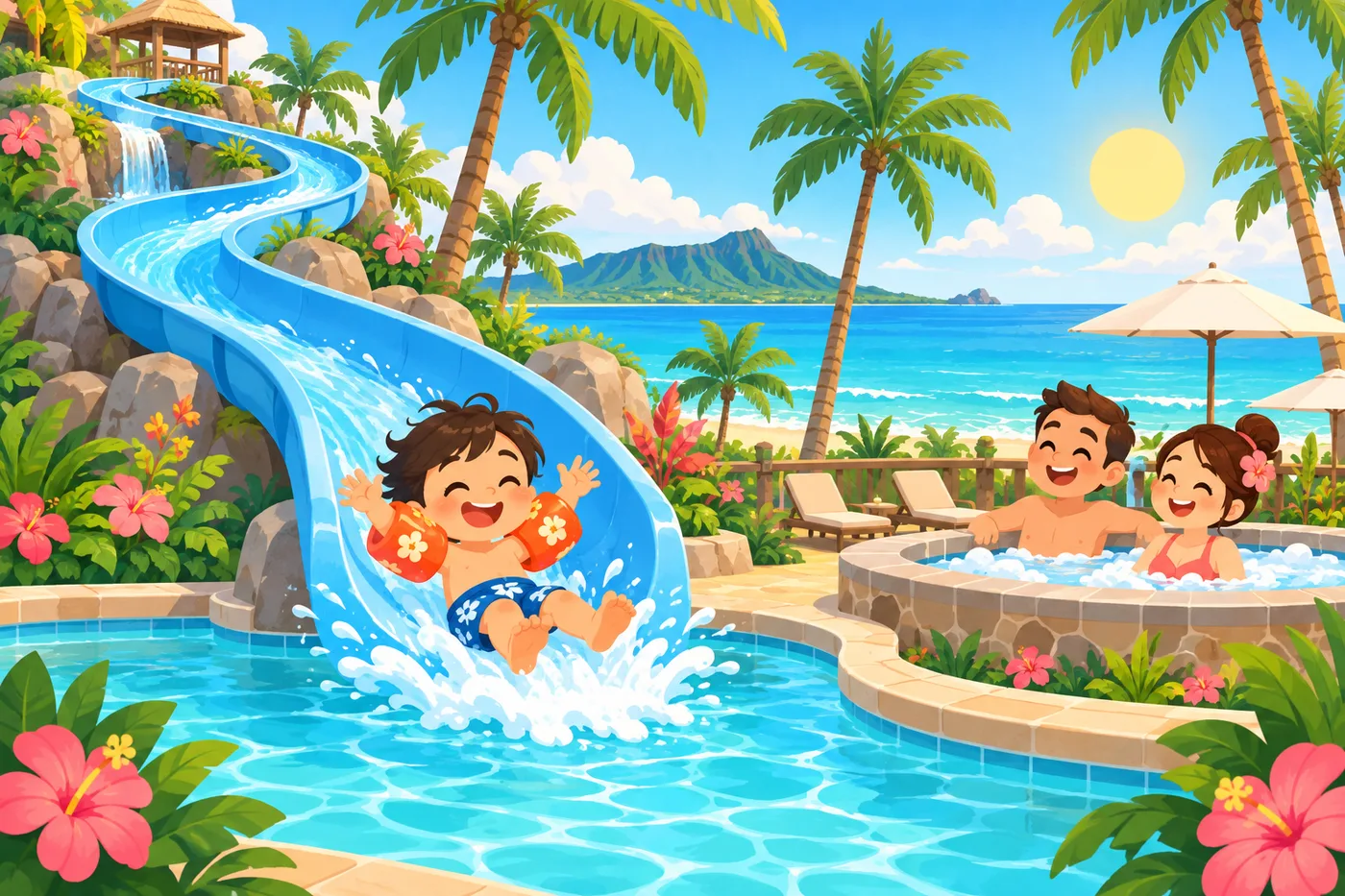 a child in arm floaties sliding down a long blue water slide into a hotel pool, parents watching from a whirlpool spa, palm trees and ocean in the background