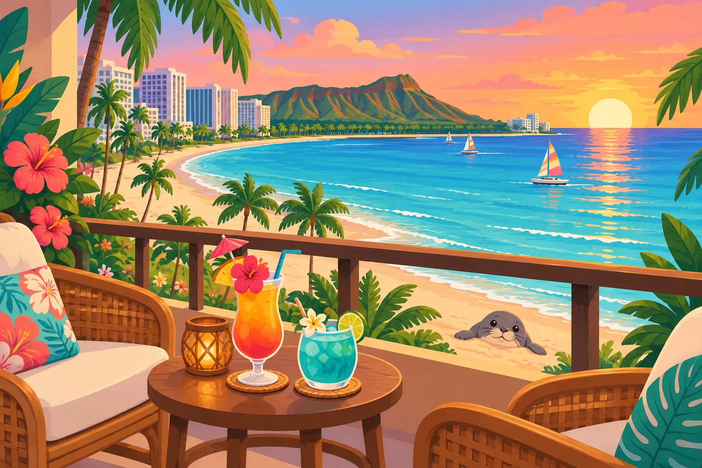 a cozy hotel lanai at sunset overlooking Waikiki Beach and Diamond Head, two tropical drinks on a small table and a curious monk seal peeking from the beach below
