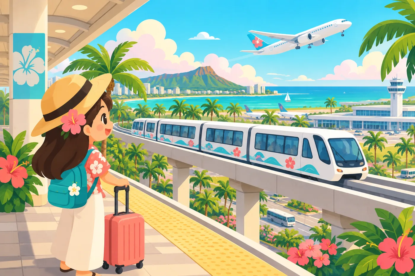 空港の近くの高架を走る電車と、ホームから眺める旅行者のイラスト