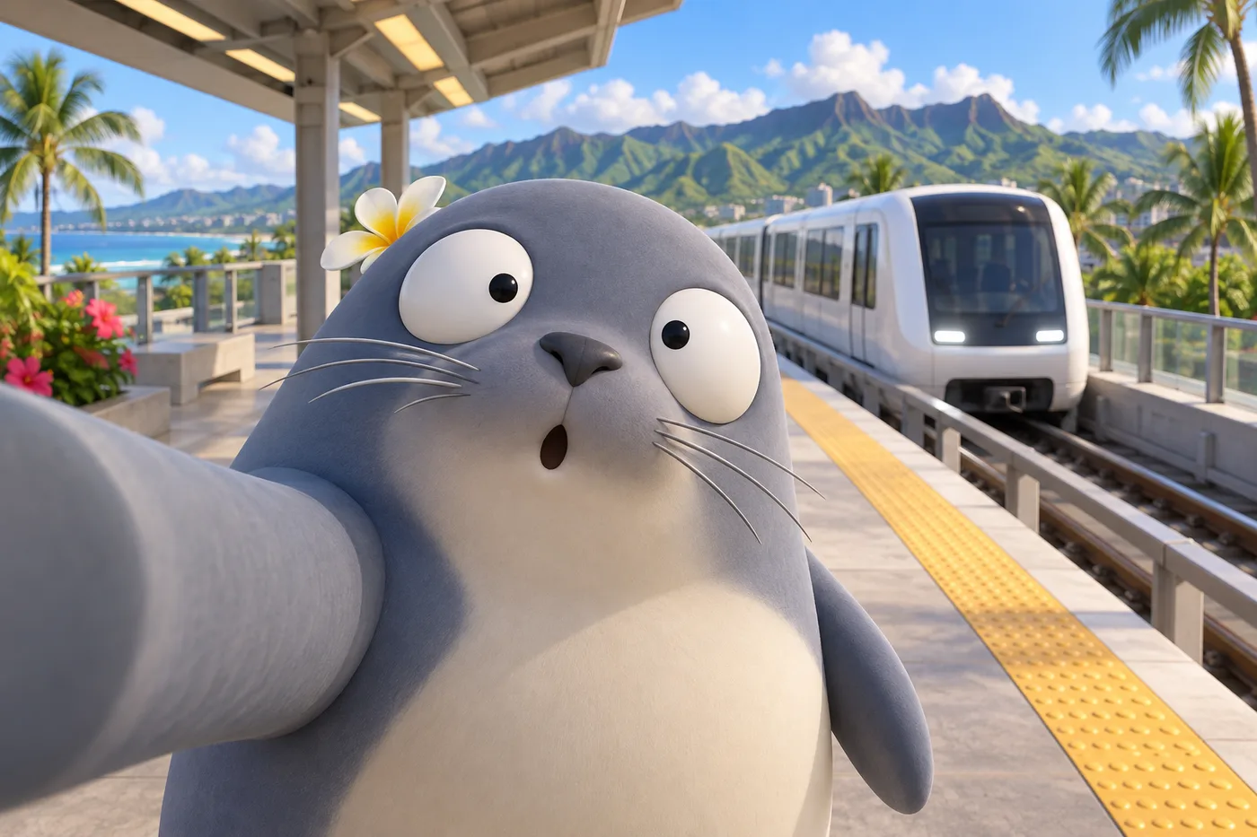 高架のホームで電車をバックに自撮りするもんちゅ