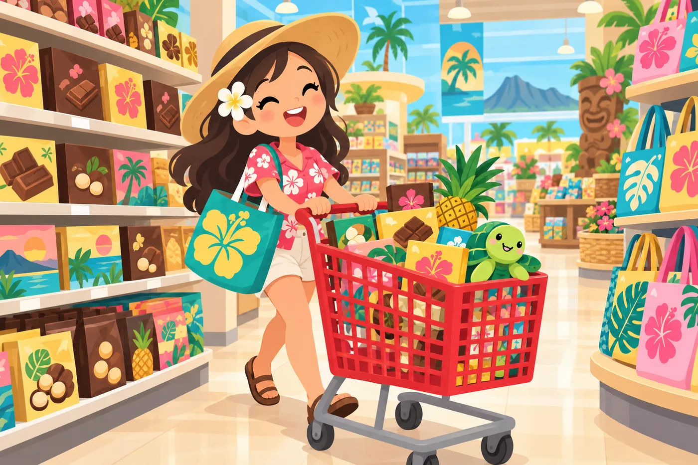 明るい量販店でカートを押して買い物する旅行者のイラスト