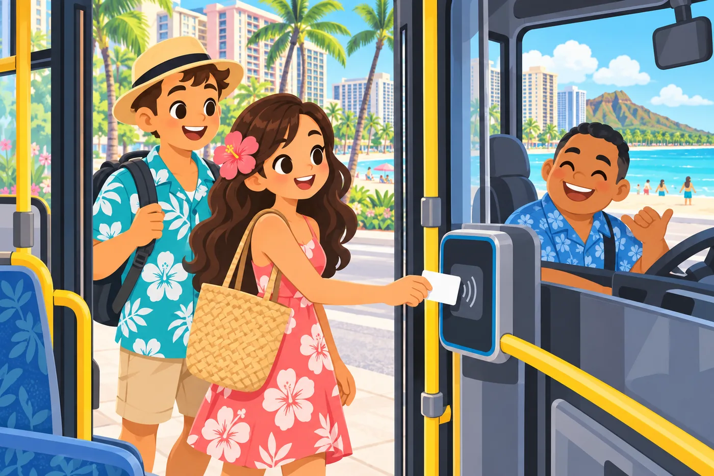 バスの前のドアから乗ってカードを読み取り機にタッチする旅行者のイラスト