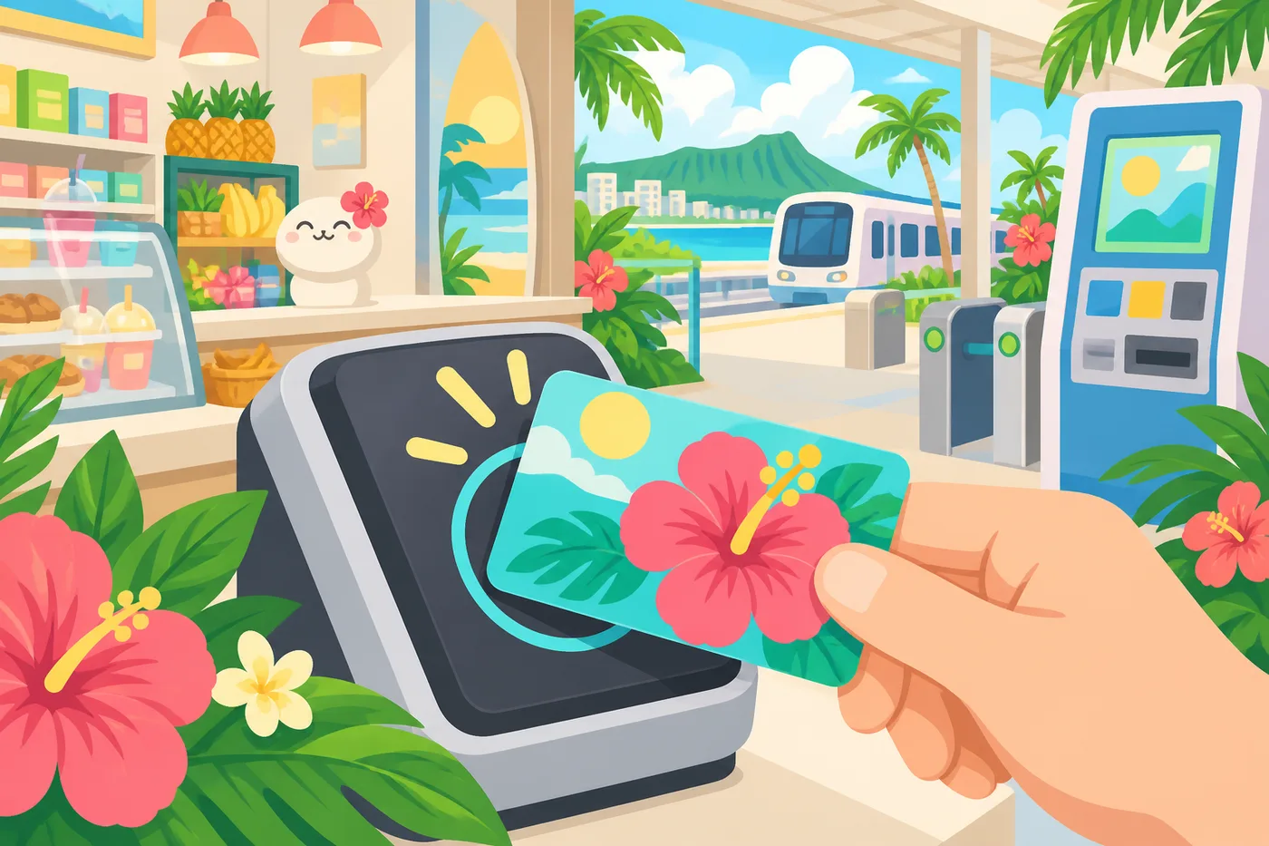 交通系ICカードを読み取り機にタッチするイメージのイラスト