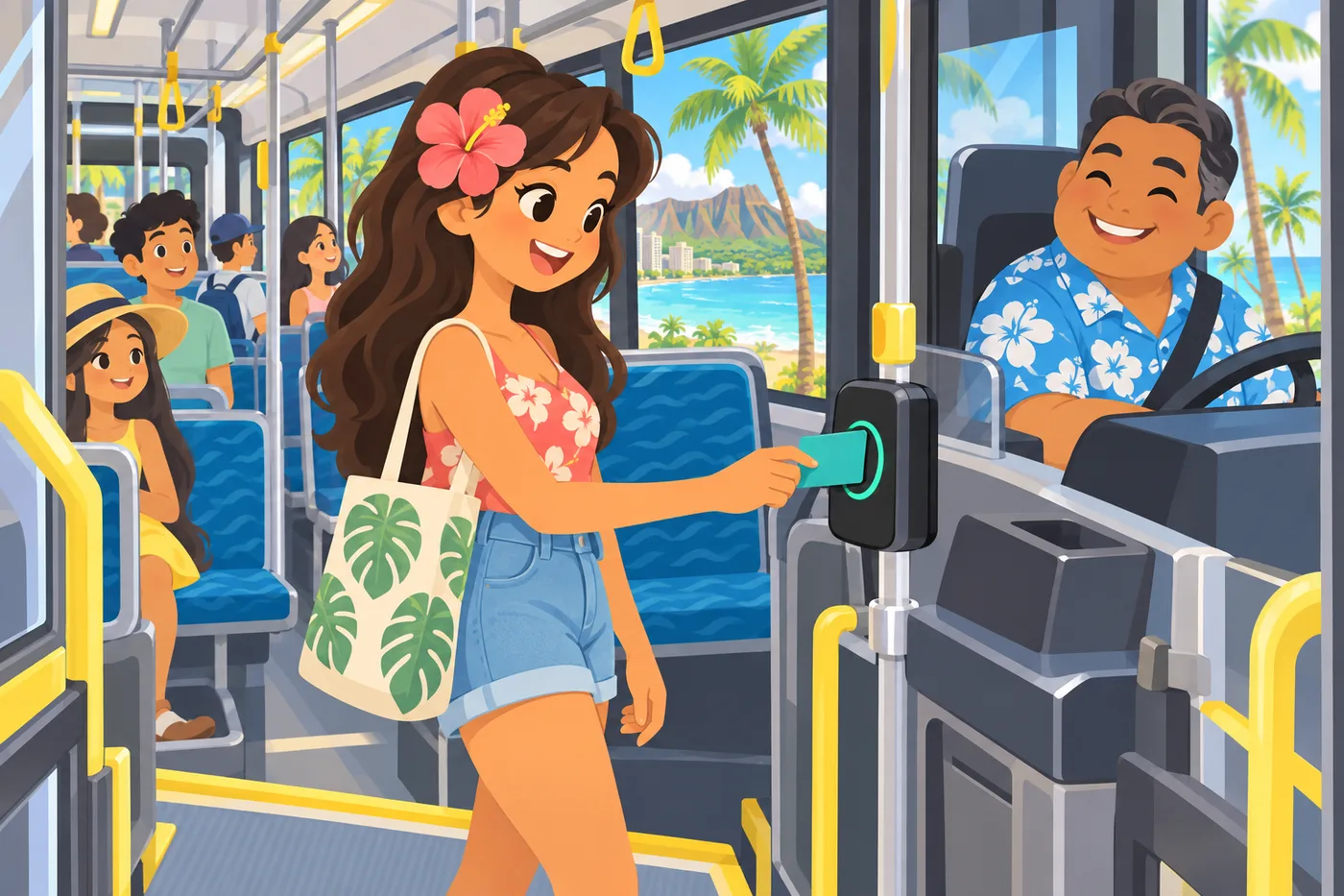 バスに乗車して入口右側の端末にHOLOカードをタッチする旅行者のイラスト