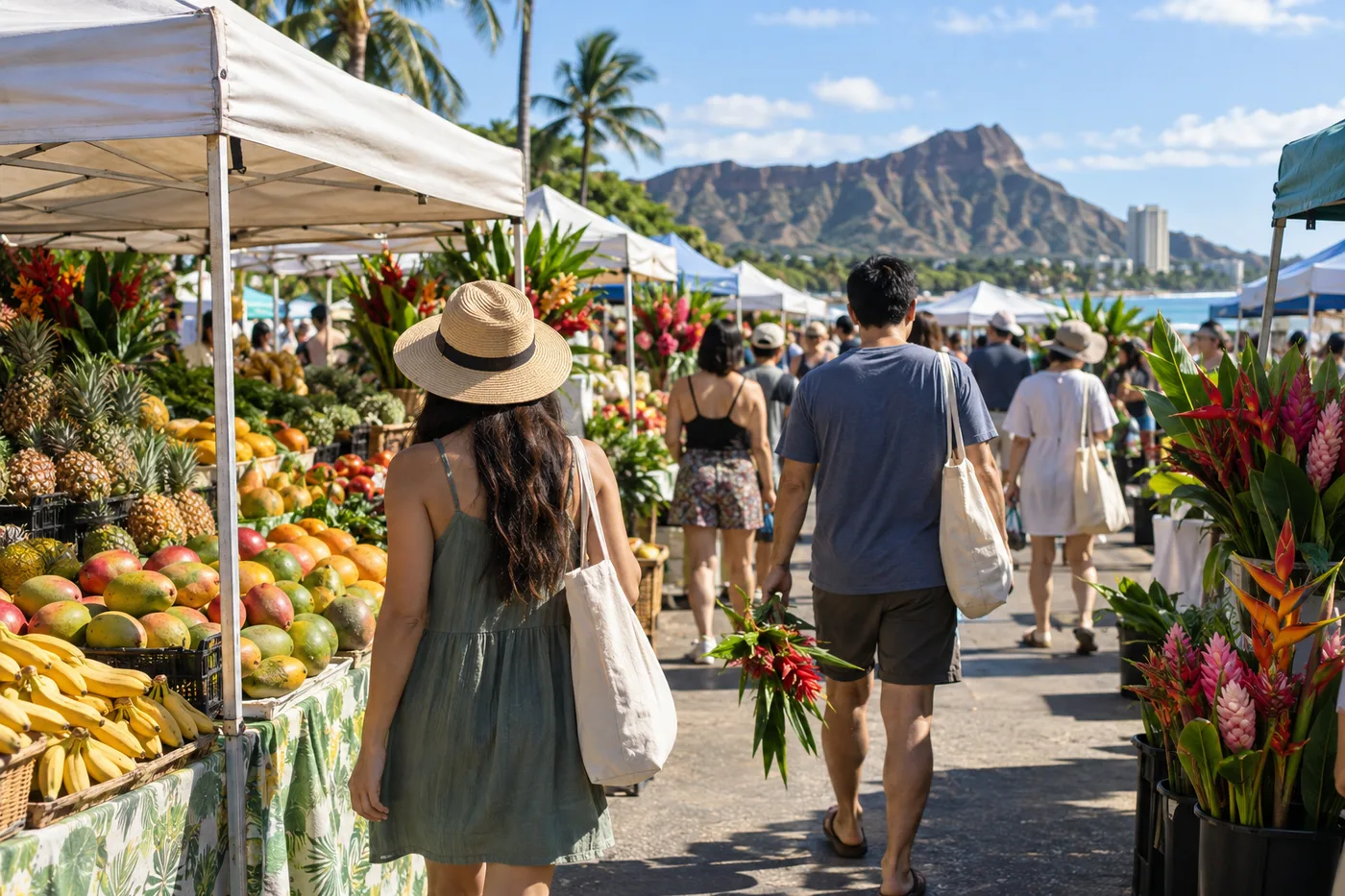 A lively outdoor Saturday farmers market on Oahu with rows of open-air tents selling tropical fruit and flowers, Diamond Head crater rising in the background, casual shoppers with tote bags, realistic travel photo style
