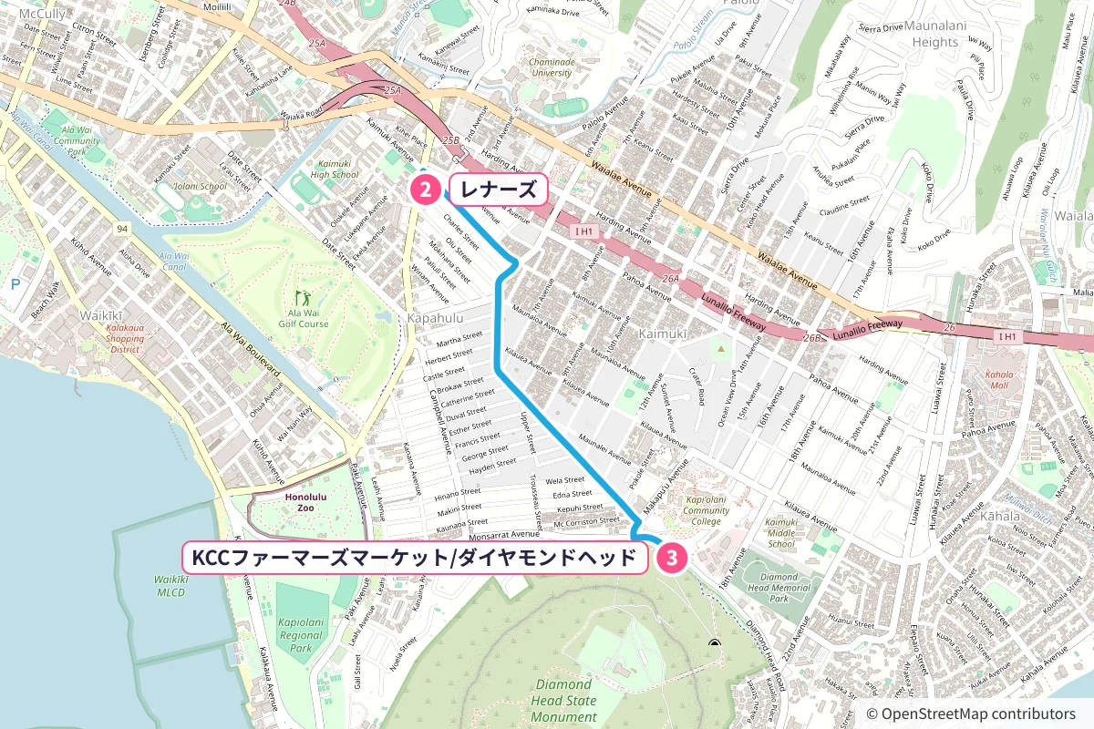 レナーズ(カパフル通り)→KCCファーマーズマーケット/ダイヤモンドヘッドのルート地図