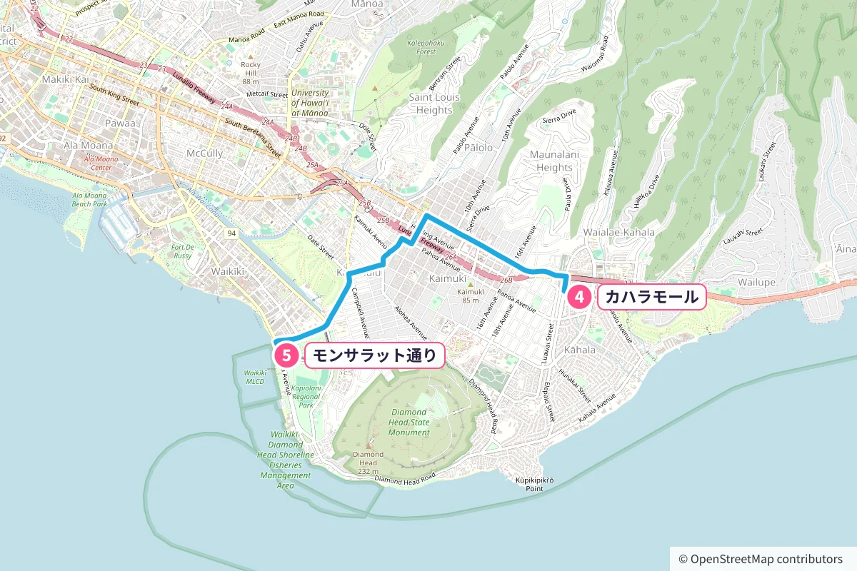 カハラモール(ホールフーズ)→モンサラット通りのルート地図