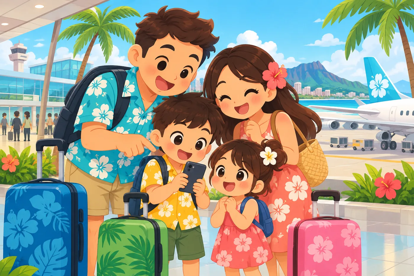 a family with suitcases happily looking at a smartphone screen together at Honolulu airport, palm trees and an airplane in the background, warm tropical pop illustration style