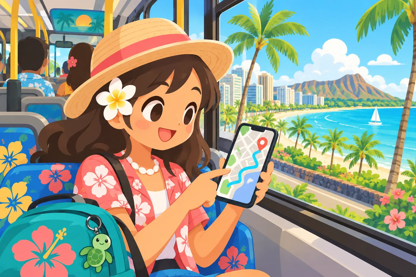 a traveler using a smartphone map app while riding a colorful local bus in Honolulu, palm trees and blue sky visible through the window, cheerful pop illustration style