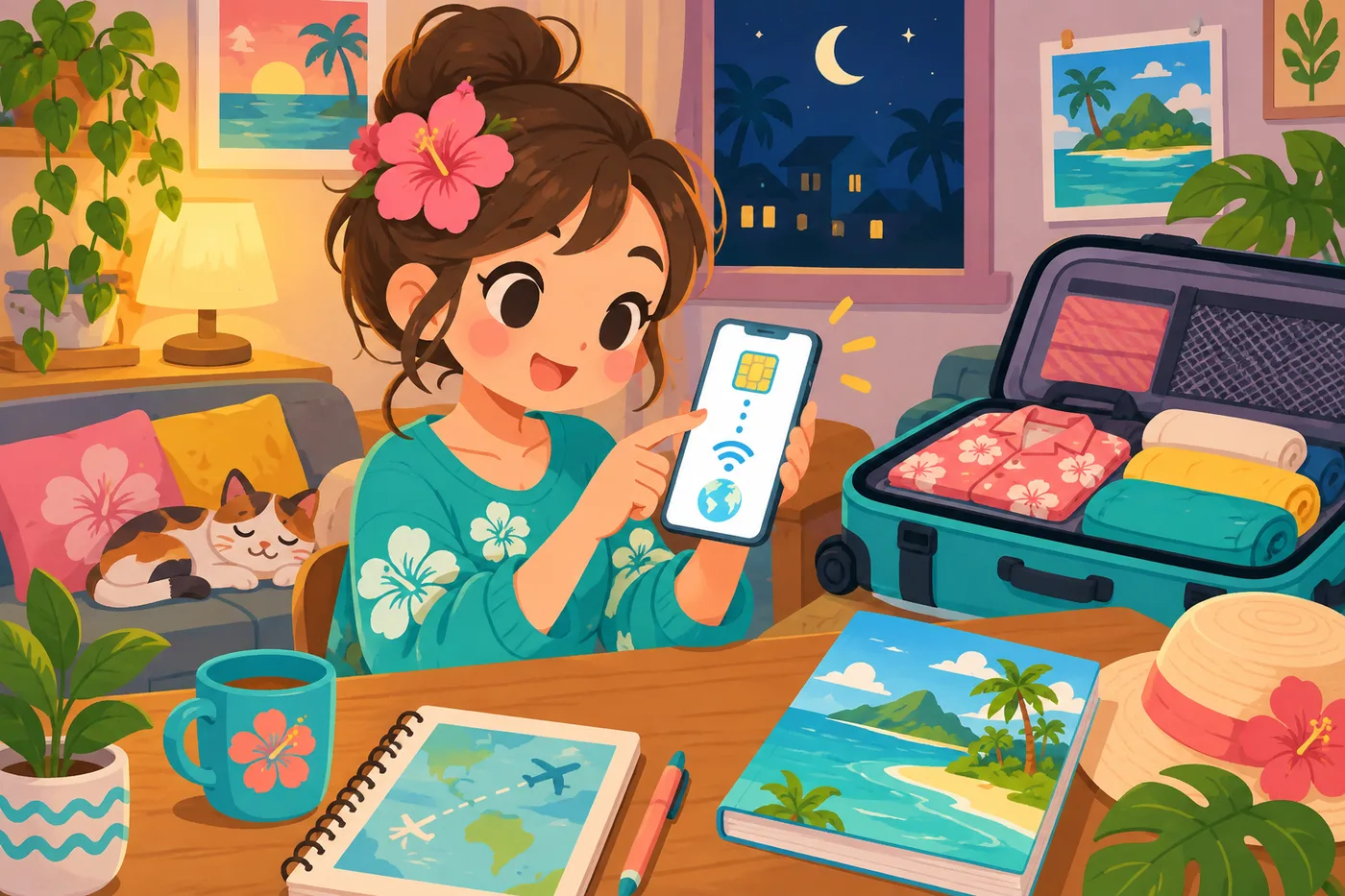 a traveler setting up an eSIM on a smartphone at home the night before a trip, a packed suitcase and travel guidebook on the table, warm cozy pop illustration style