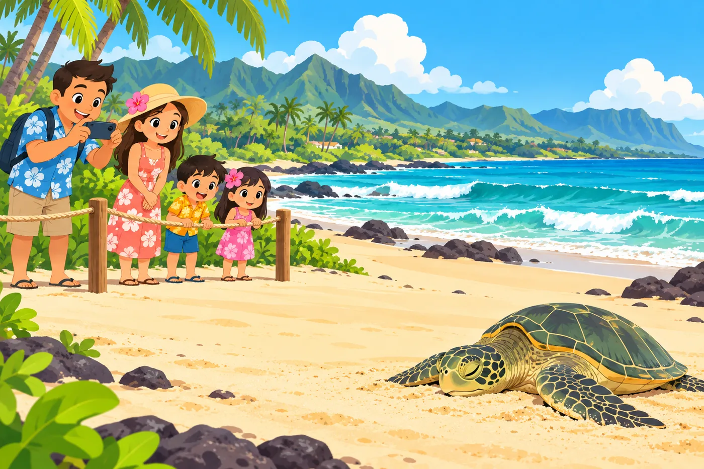 砂浜で休むウミガメをロープの外から見守る家族のイラスト