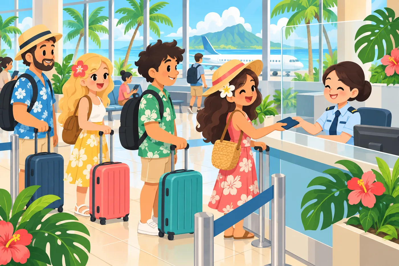 travelers with suitcases waiting in an airport immigration hall, a friendly officer at a counter, tropical plants and a window showing palm trees and blue sky, calm and bright atmosphere