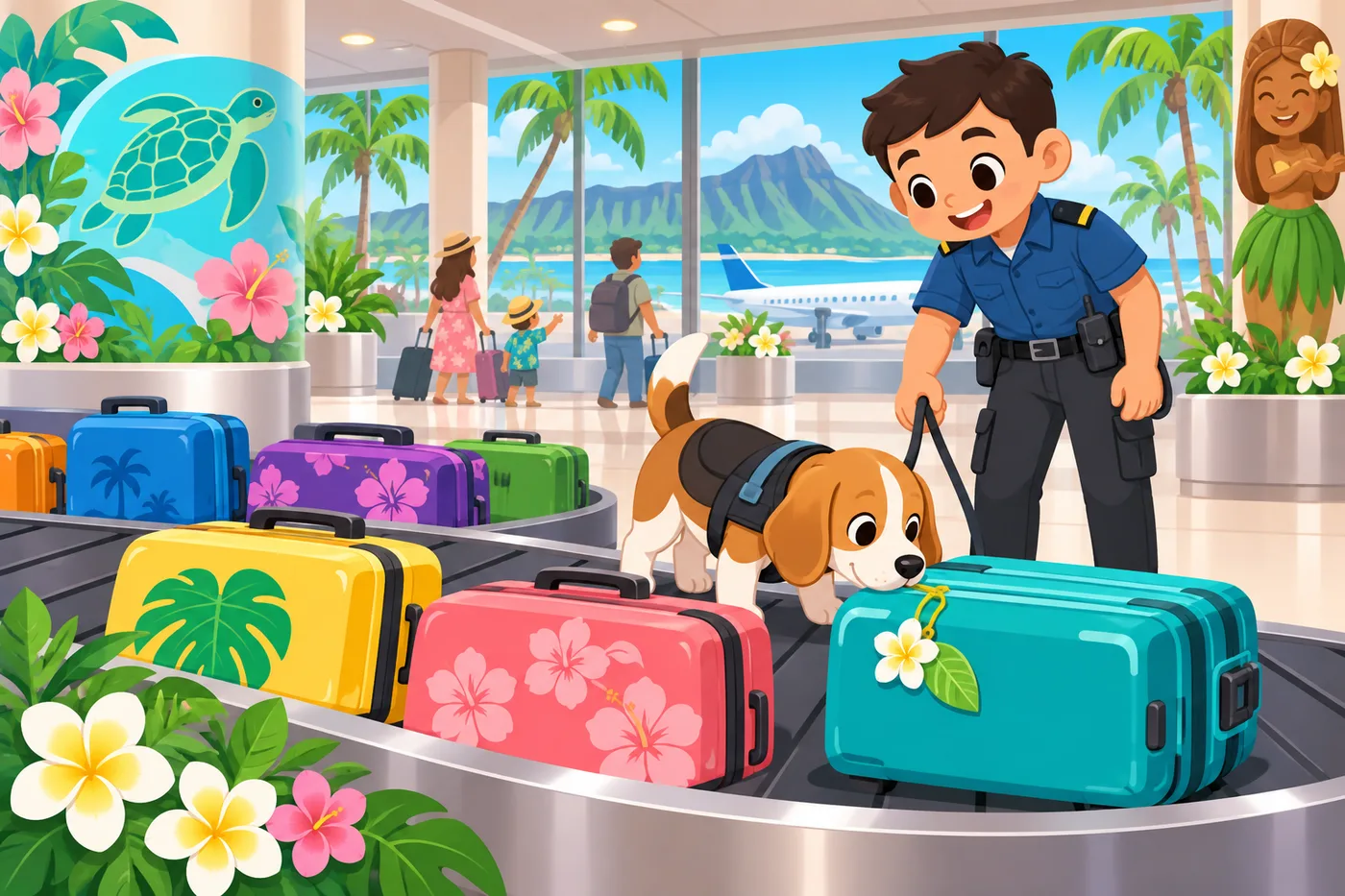 a baggage claim area at a tropical airport with suitcases on a carousel, a beagle detector dog sniffing luggage with a smiling inspector, plumeria decorations, bright illustration