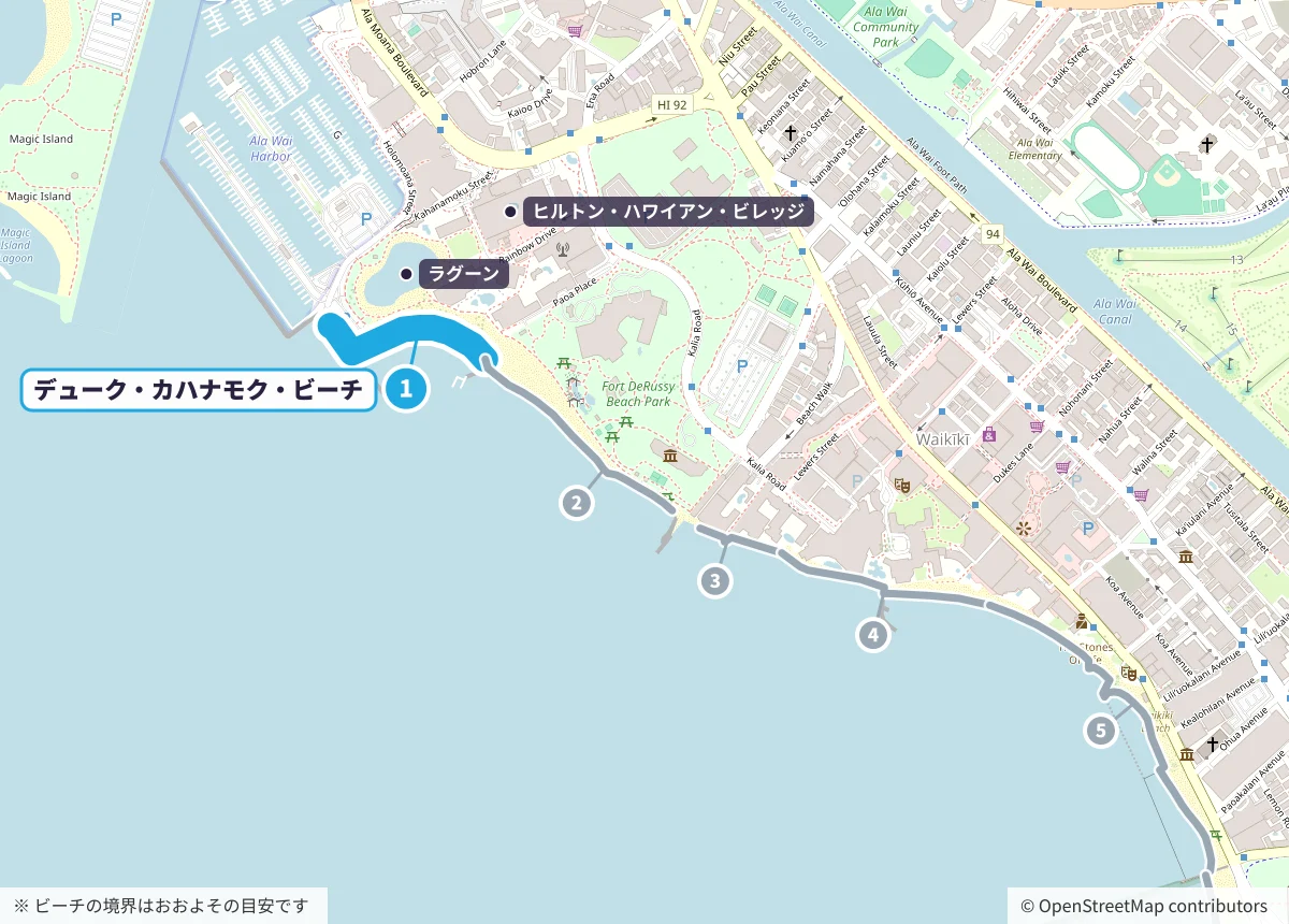 デューク・カハナモク・ビーチの位置を示した地図。ワイキキの西端、ヒルトン・ハワイアン・ビレッジの前
