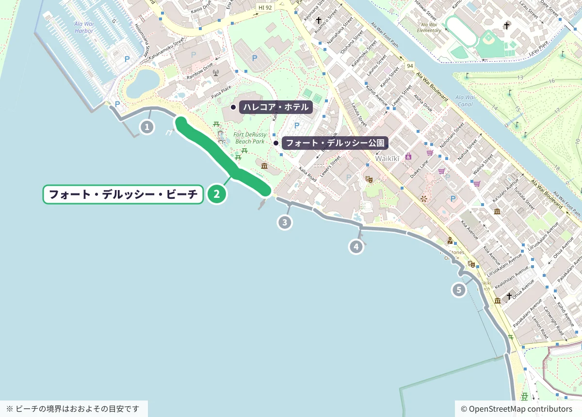 フォート・デルッシー・ビーチの位置を示した地図。ヒルトンの東隣、フォート・デルッシー公園の前