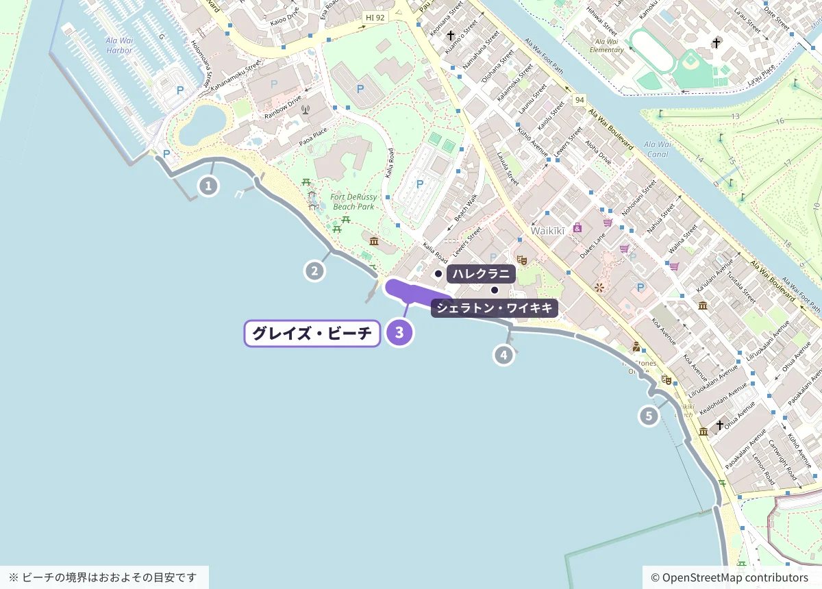 グレイズ・ビーチの位置を示した地図。ハレクラニの前にある小さなビーチ