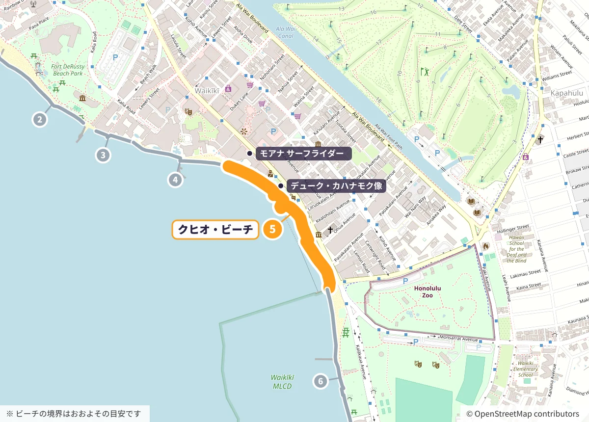 クヒオ・ビーチの位置を示した地図。モアナ サーフライダー前からカパフル通りの突堤まで