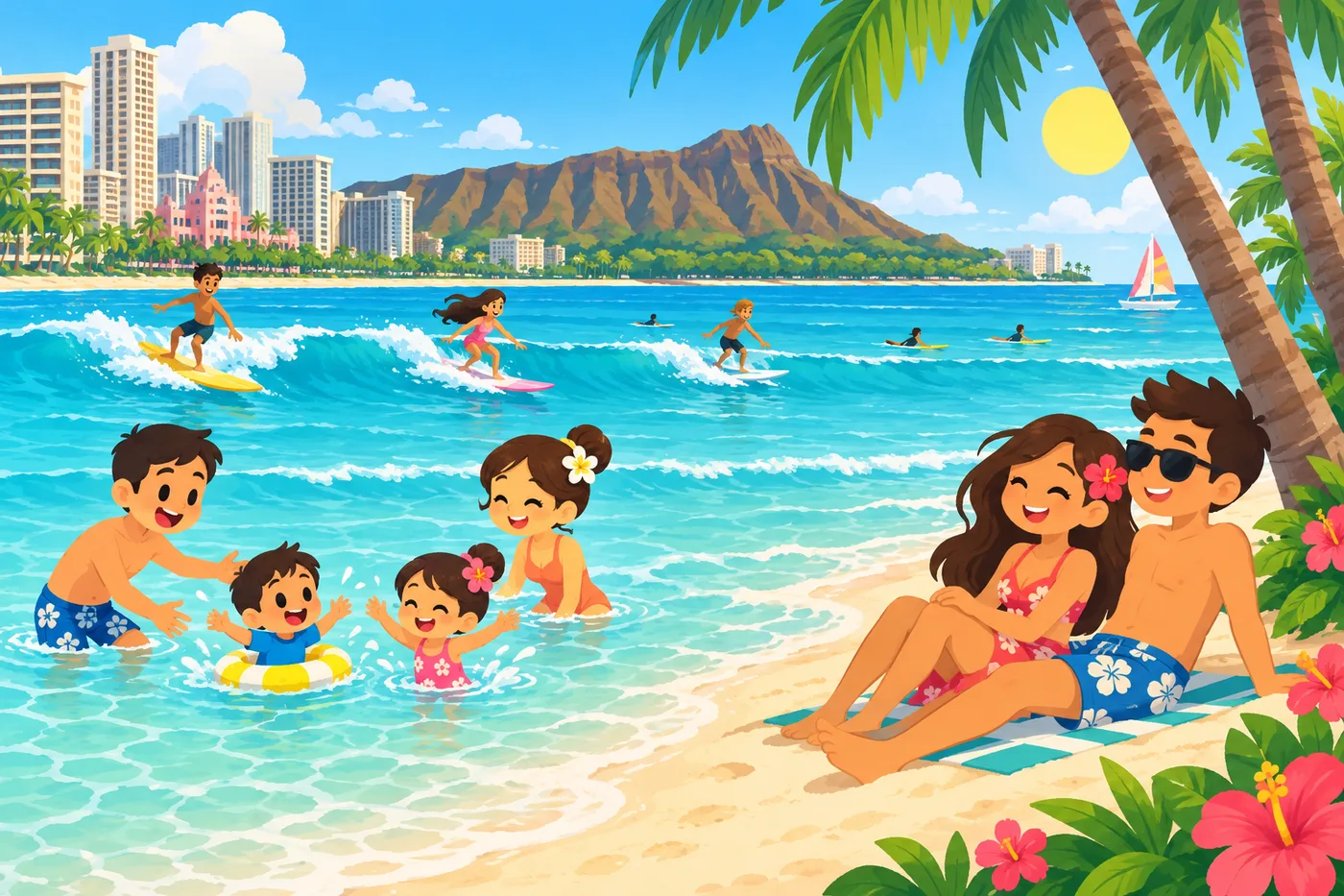 穏やかな浅瀬で遊ぶ家族と沖でサーフィンする人たちがいるワイキキビーチのイラスト