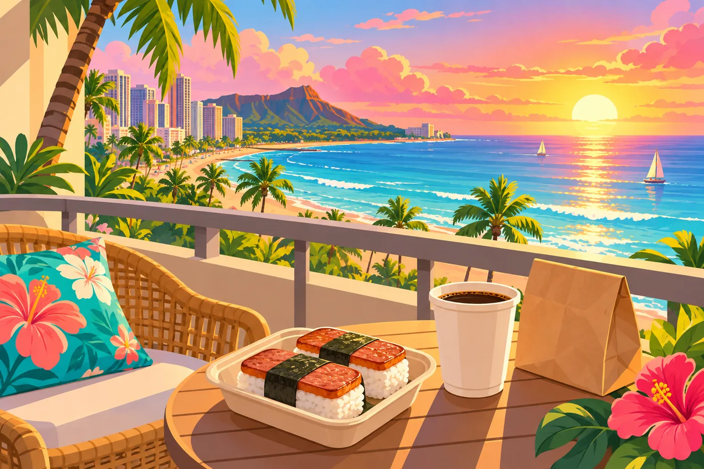 朝焼けのホテルのラナイでむすびとコーヒーの朝ごはんのイラスト