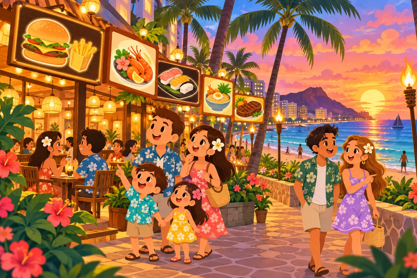 夕暮れのワイキキでどのお店に入るか選ぶ家族とカップルのイラスト