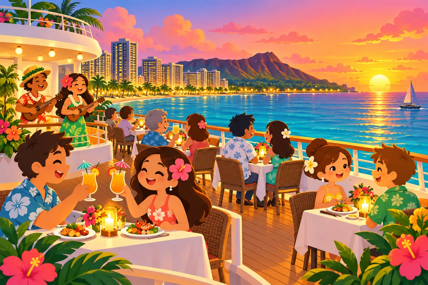 夕日の海を進むディナークルーズ船のイラスト