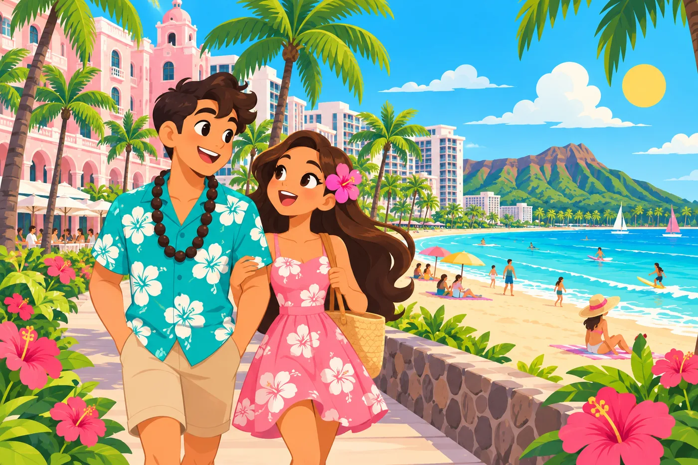 A cheerful pop-art style illustration of a couple strolling along a Waikiki beachfront path lined with palm trees, passing grand pink and white hotel buildings, blue ocean and sky, colorful and fun