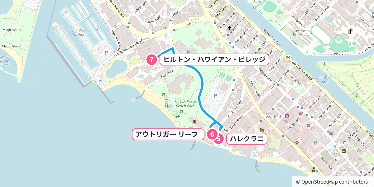 ハレクラニ→アウトリガー リーフ→ヒルトン・ハワイアン・ビレッジのルート地図