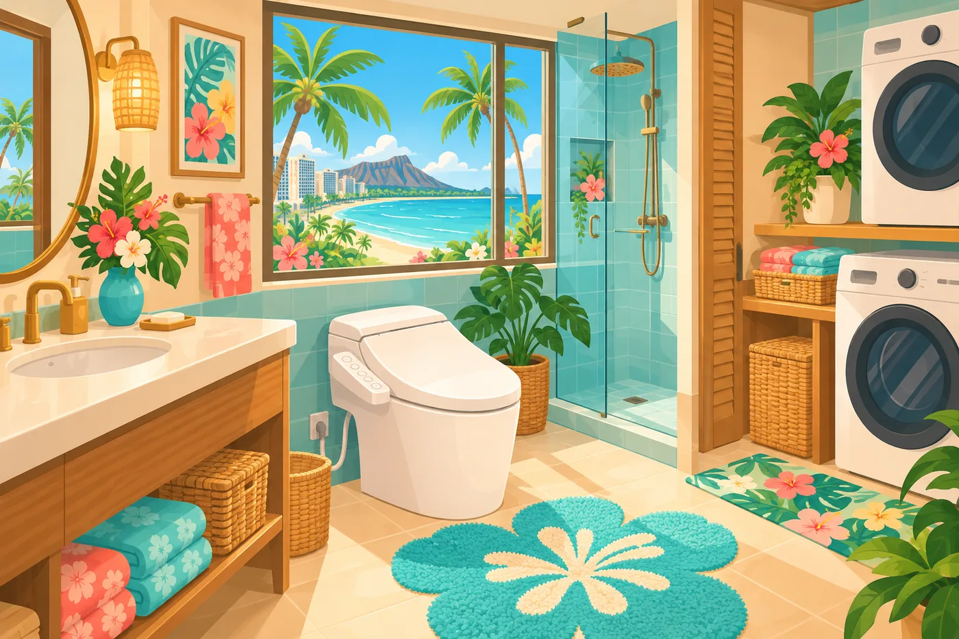 温水洗浄便座つきのトイレと洗濯機のあるハワイのホテルのイラスト