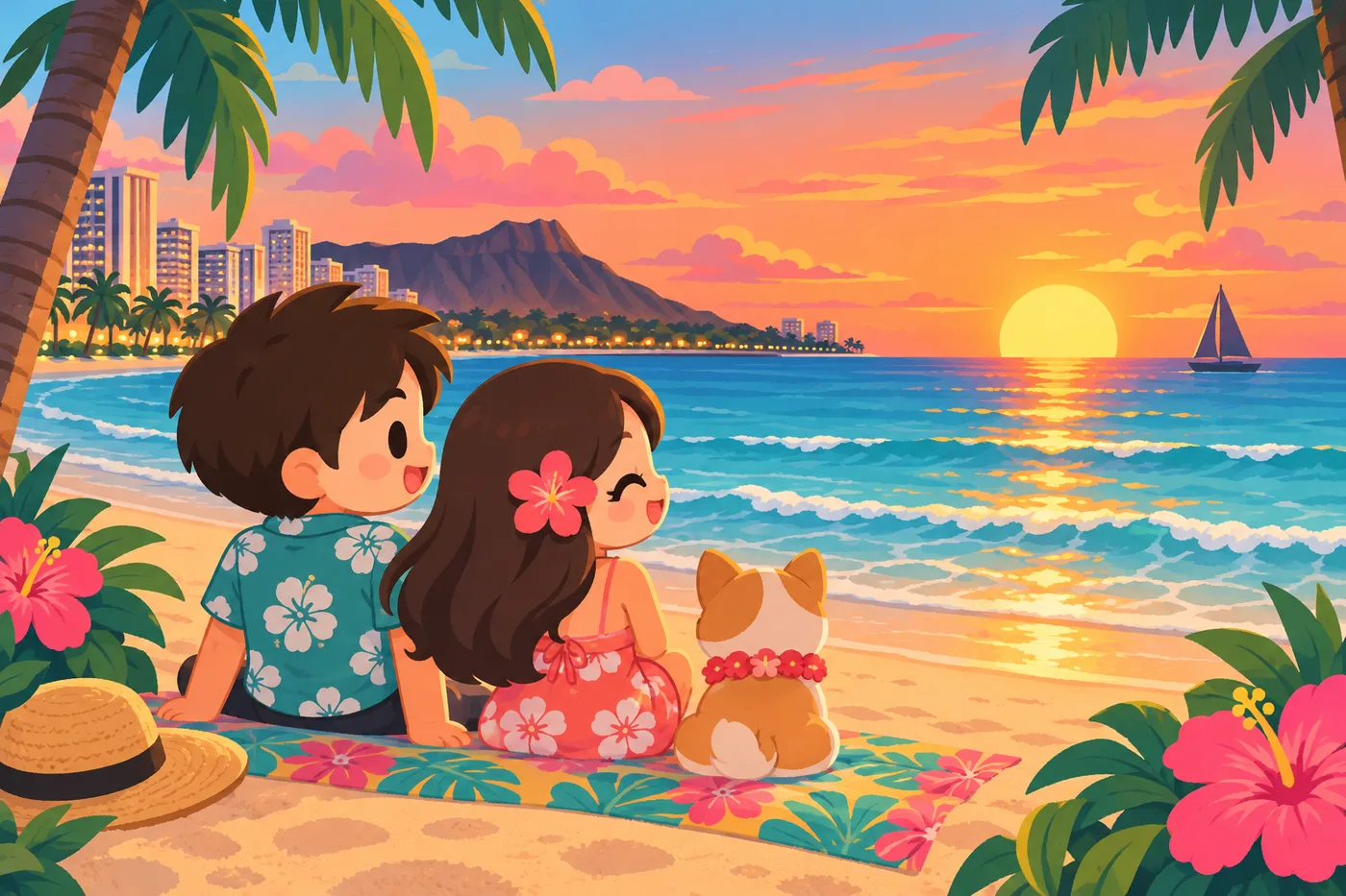ワイキキビーチの砂浜で夕日を眺める旅行者のイラスト